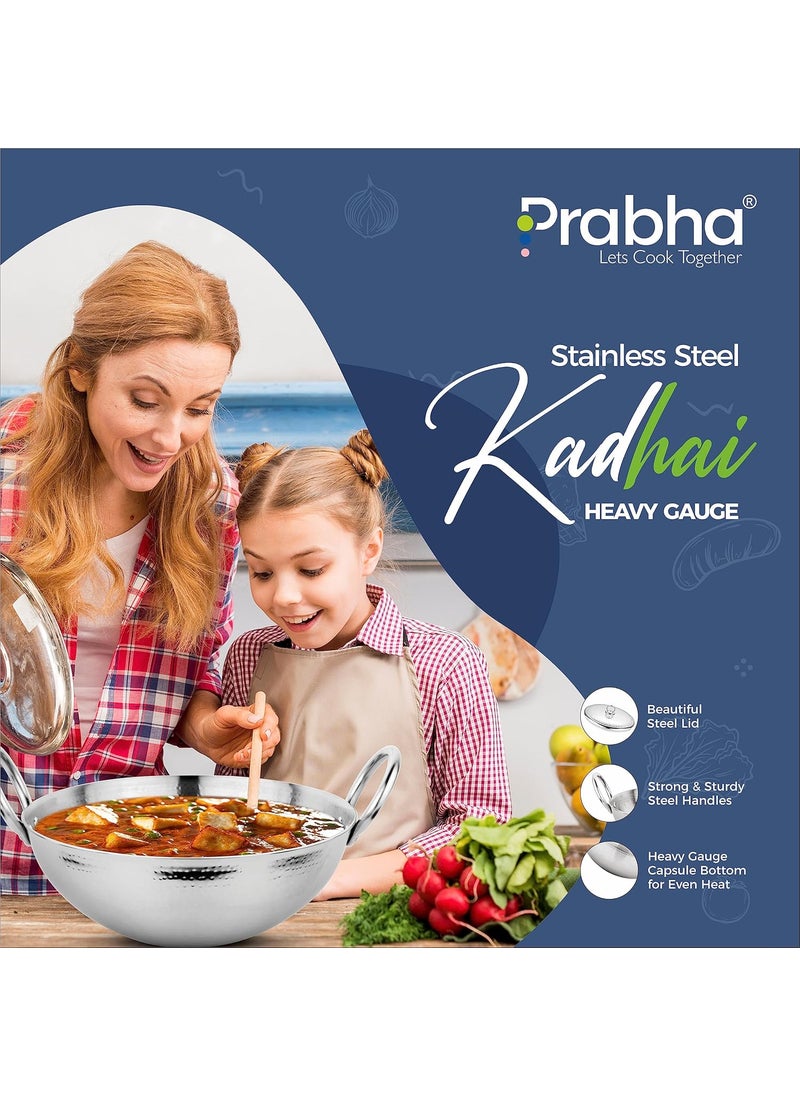 Prabha Stainless Steel Heavy Gauge Hammered Finish Kadhai, Kadai with Lid, Capacity 1.3 L, Size 200 MM, Compatible with Gas Stove