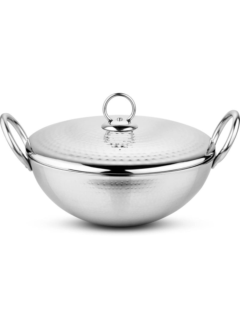 Prabha Stainless Steel Heavy Gauge Hammered Finish Kadhai, Kadai with Lid, Capacity 1.3 L, Size 200 MM, Compatible with Gas Stove