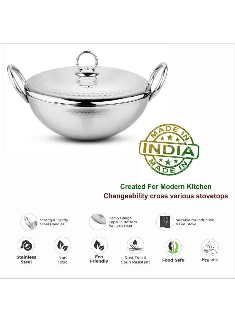 Prabha Stainless Steel Heavy Gauge Hammered Finish Kadhai, Kadai with Lid, Capacity 1.3 L, Size 200 MM, Compatible with Gas Stove