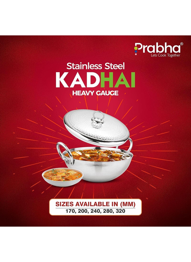 Prabha Stainless Steel Heavy Gauge Hammered Finish Kadhai, Kadai with Lid, Capacity 1.3 L, Size 200 MM, Compatible with Gas Stove