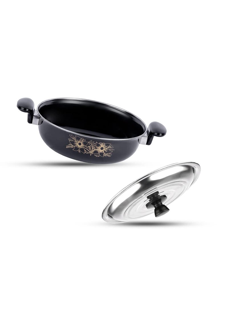 ATEVON Non-Stick Kadhai with Lid, 26 cm, Black Cast Iron