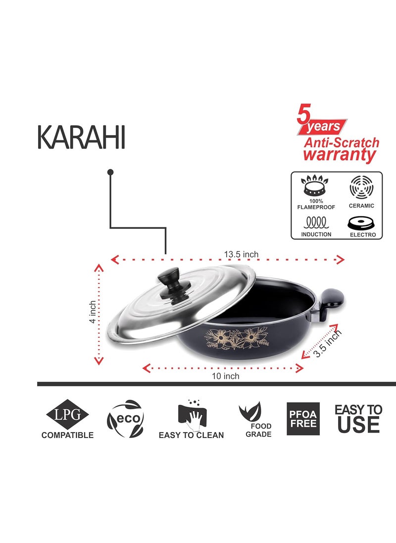 ATEVON Non-Stick Kadhai with Lid, 26 cm, Black Cast Iron