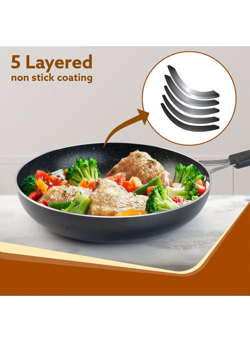 AGARO Elegant Granite Non Stick Frying Pan for Cooking, Frying, Kitchen Cookware, 2.25L Capacity, 24 cm Diameter, 4mm Thick, Induction, Gas Oven Friendly, Riveted Cool Touch Handle, PFOA Free, Black