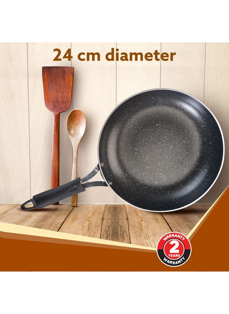 AGARO Elegant Granite Non Stick Frying Pan for Cooking, Frying, Kitchen Cookware, 2.25L Capacity, 24 cm Diameter, 4mm Thick, Induction, Gas Oven Friendly, Riveted Cool Touch Handle, PFOA Free, Black