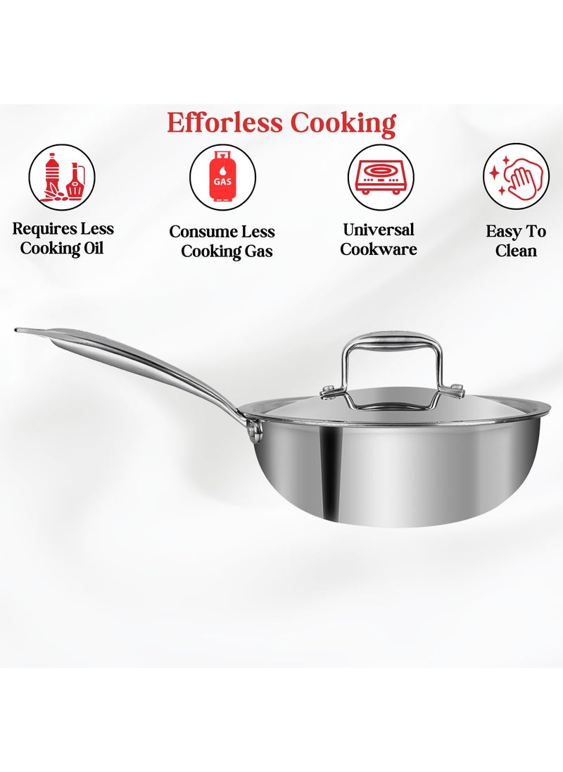 Vinod Platinum Triply Stainless Steel Frypan - 22cm | Deep Skillet Pan with Lid | Rivetted Study Handle | Induction & Gas Base | 5 Year Warranty - Silver