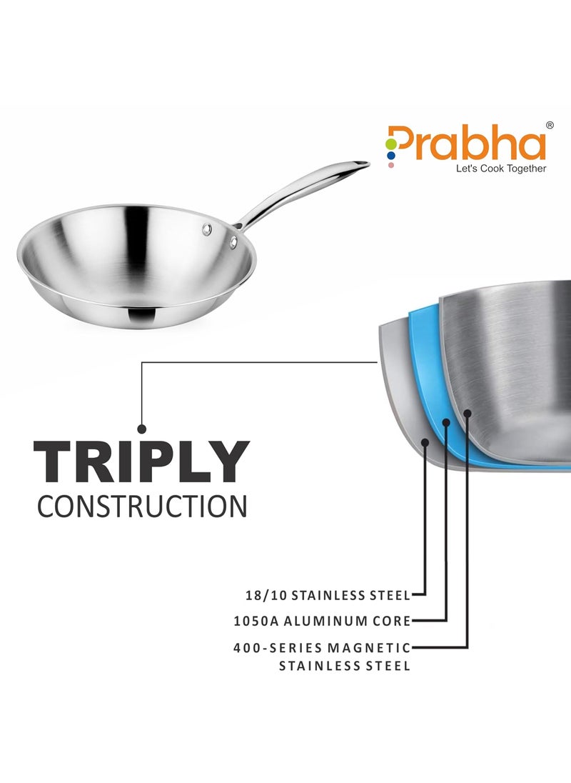 Prabha Stainless Steel Fry Pan Without Lid, Kitchen Fry Pan, Tri-Ply Layer, 16cm, 0.65L Capacity, Induction and Gas Stove Suitable