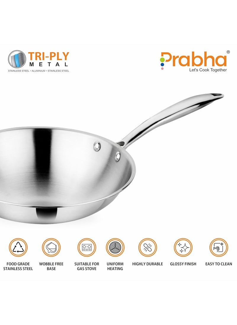 Prabha Stainless Steel Fry Pan Without Lid, Kitchen Fry Pan, Tri-Ply Layer, 16cm, 0.65L Capacity, Induction and Gas Stove Suitable