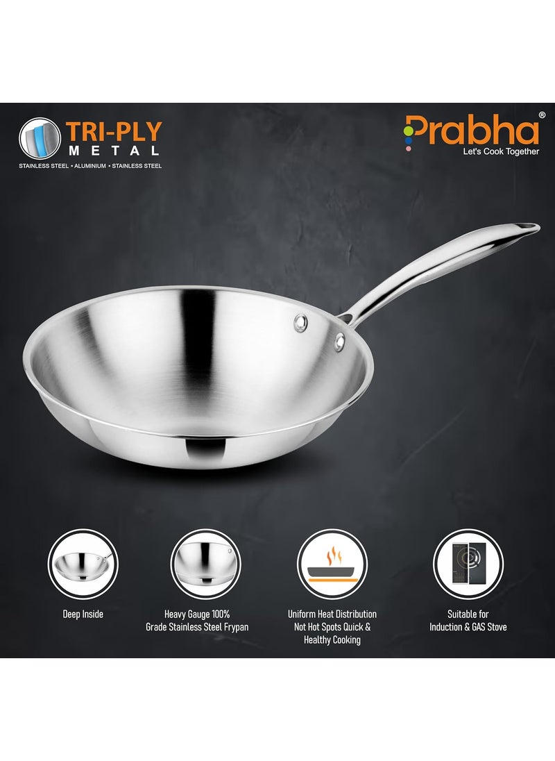 Prabha Stainless Steel Fry Pan Without Lid, Kitchen Fry Pan, Tri-Ply Layer, 16cm, 0.65L Capacity, Induction and Gas Stove Suitable