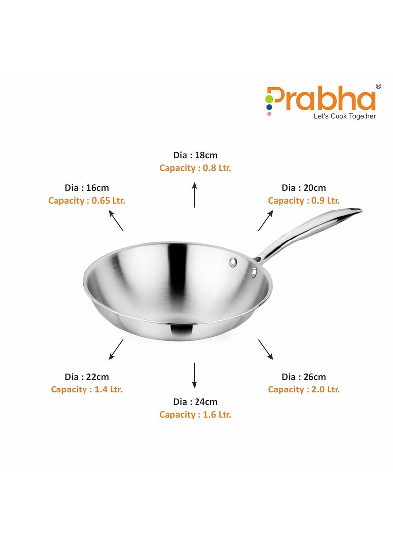 Prabha Stainless Steel Fry Pan Without Lid, Kitchen Fry Pan, Tri-Ply Layer, 16cm, 0.65L Capacity, Induction and Gas Stove Suitable