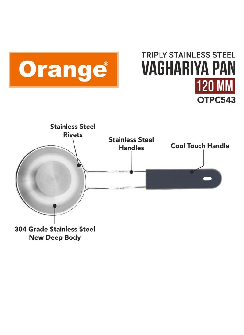 Orange Stainless Steel Triply Tadka Pan/Vaghariya Pan with Stay Cool Long Silicon Handle for Spice Seasoning, Frying, Heating and Roasting|, Silver | Induction Friendly (11CM)