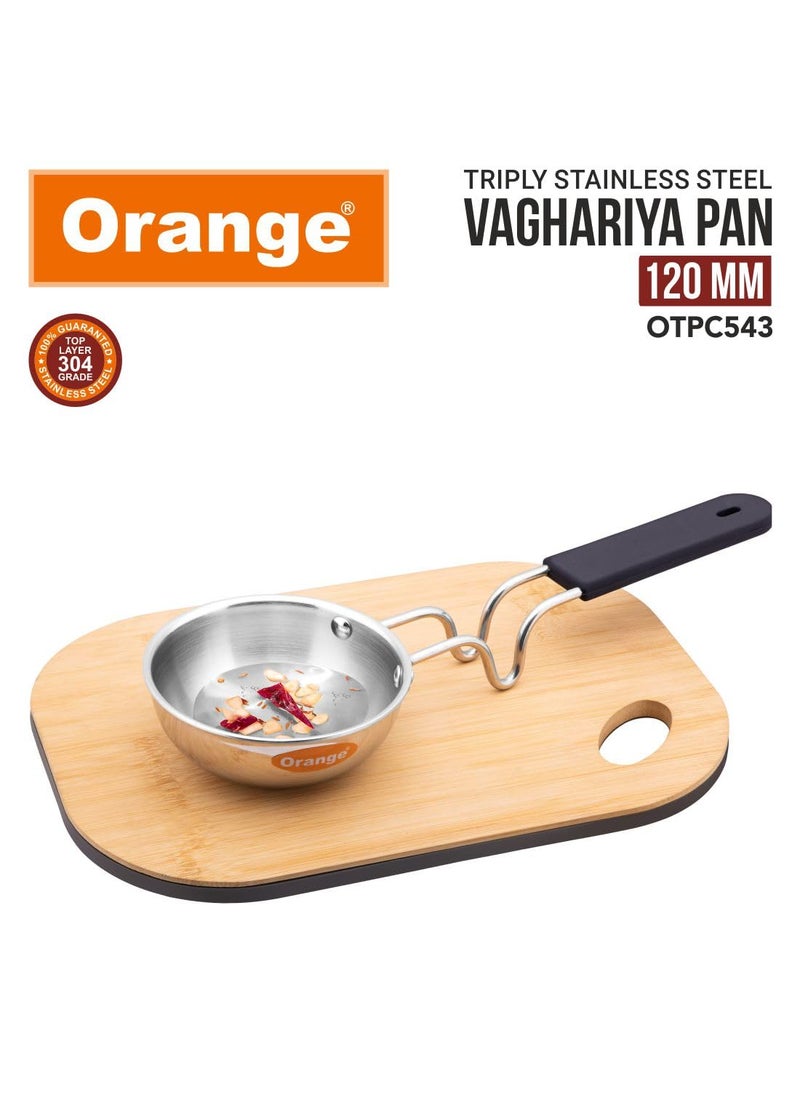Orange Stainless Steel Triply Tadka Pan/Vaghariya Pan with Stay Cool Long Silicon Handle for Spice Seasoning, Frying, Heating and Roasting|, Silver | Induction Friendly (11CM)