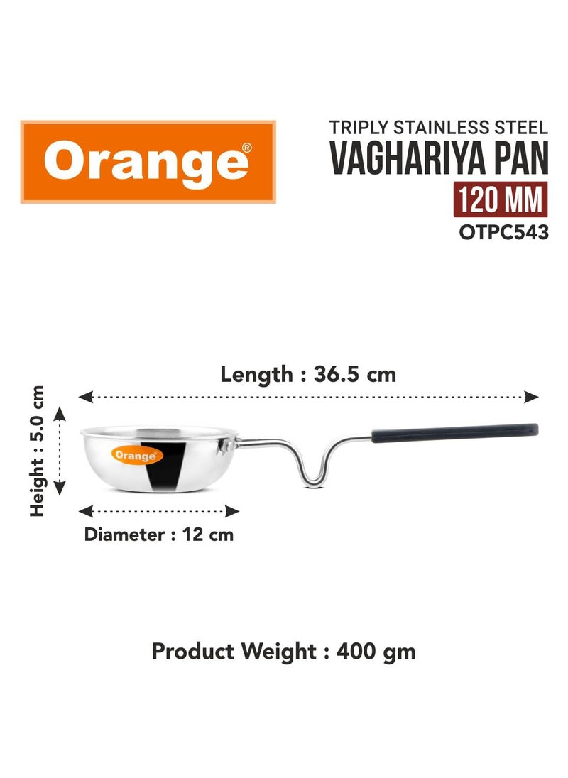Orange Stainless Steel Triply Tadka Pan/Vaghariya Pan with Stay Cool Long Silicon Handle for Spice Seasoning, Frying, Heating and Roasting|, Silver | Induction Friendly (11CM)