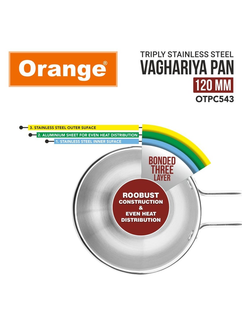 Orange Stainless Steel Triply Tadka Pan/Vaghariya Pan with Stay Cool Long Silicon Handle for Spice Seasoning, Frying, Heating and Roasting|, Silver | Induction Friendly (11CM)