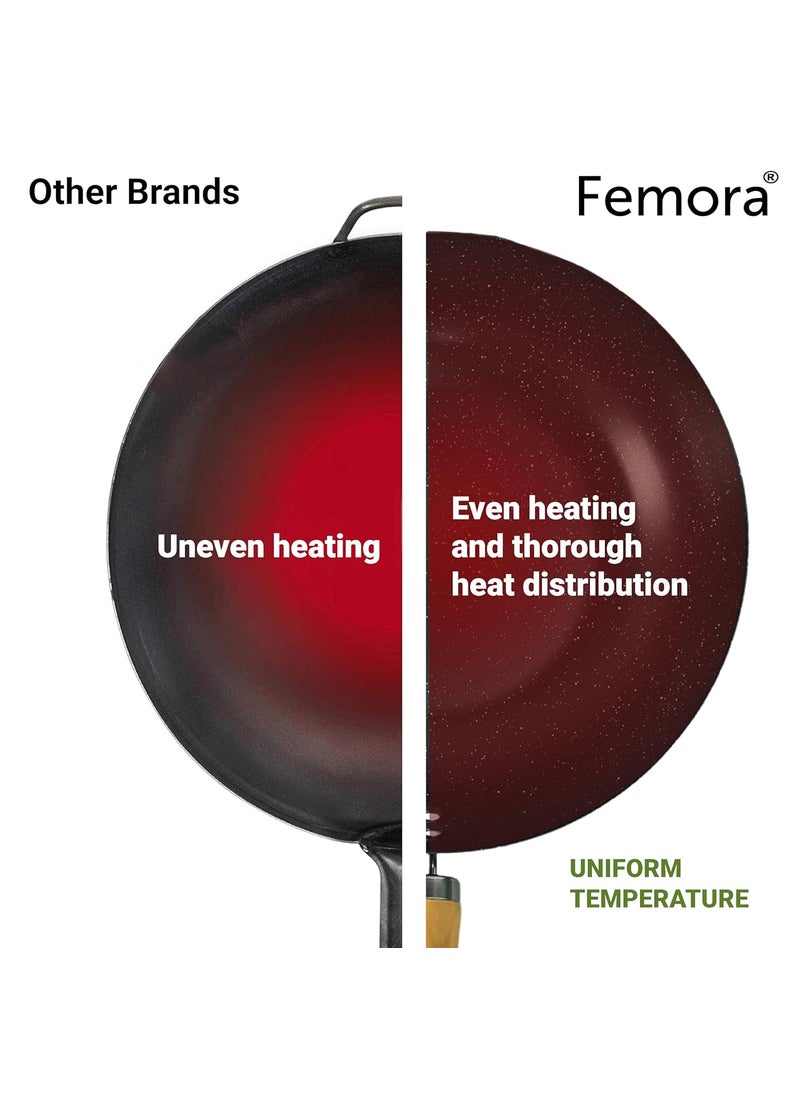 Femora Carbon Steel Wok 30 CM with Wooden Handle, 3 Layer Non-Stick Coating Kadhai, Heat Resistant Coating, Black, Pack of 1