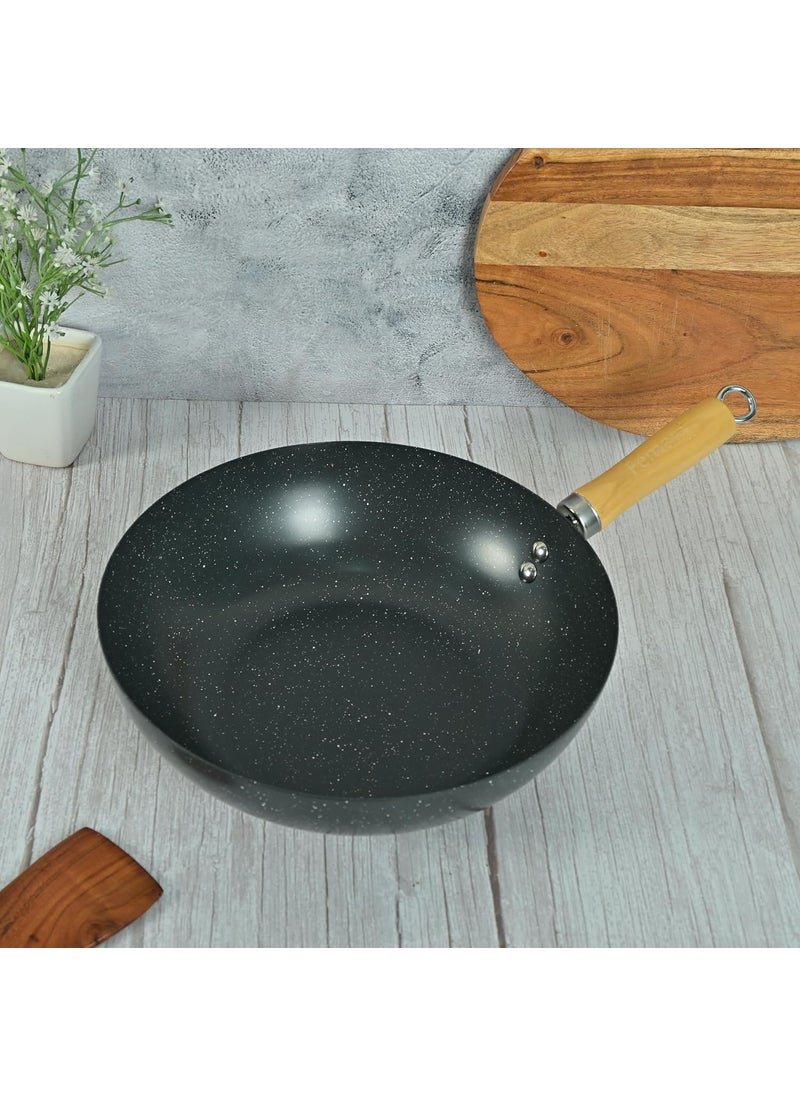 Femora Carbon Steel Wok 30 CM with Wooden Handle, 3 Layer Non-Stick Coating Kadhai, Heat Resistant Coating, Black, Pack of 1