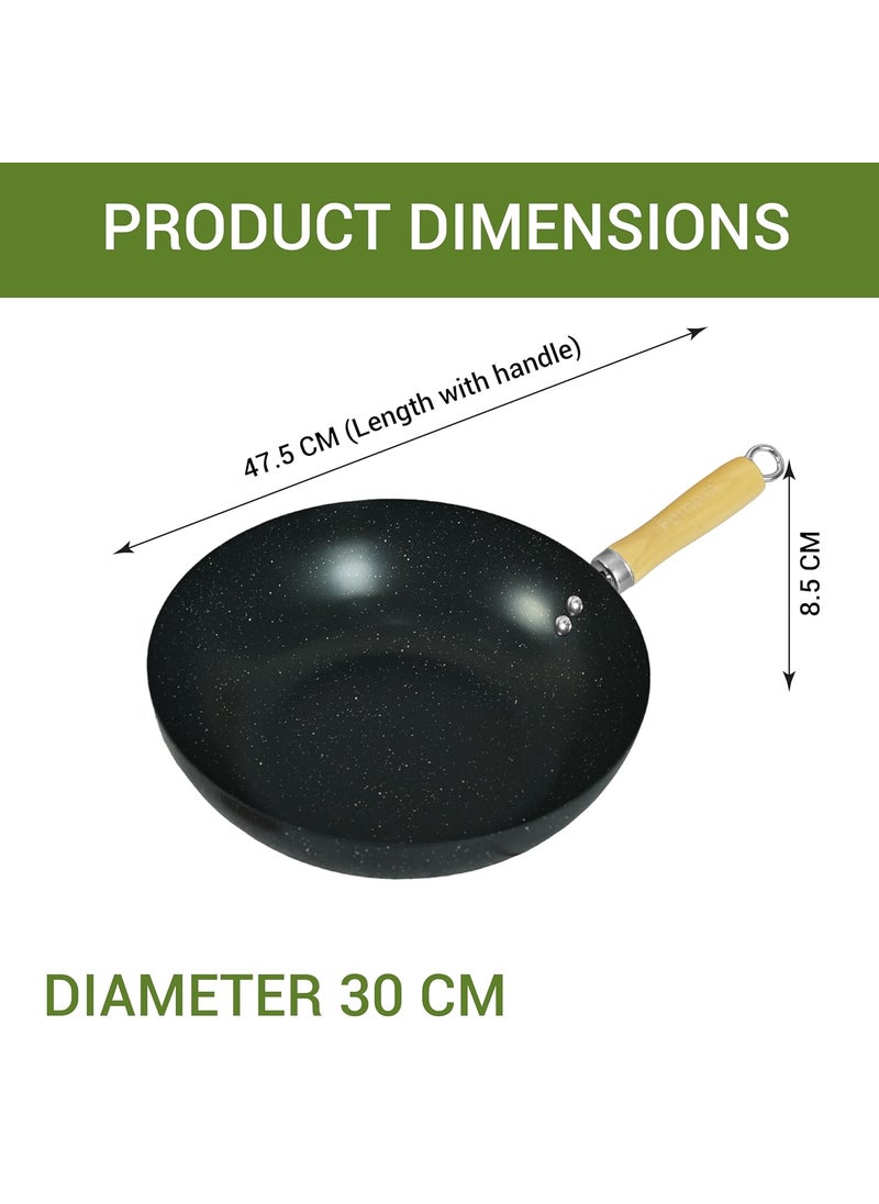 Femora Carbon Steel Wok 30 CM with Wooden Handle, 3 Layer Non-Stick Coating Kadhai, Heat Resistant Coating, Black, Pack of 1