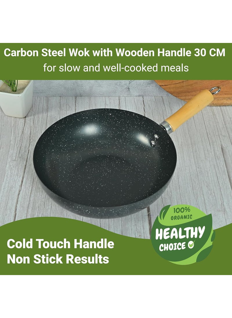 Femora Carbon Steel Wok 30 CM with Wooden Handle, 3 Layer Non-Stick Coating Kadhai, Heat Resistant Coating, Black, Pack of 1
