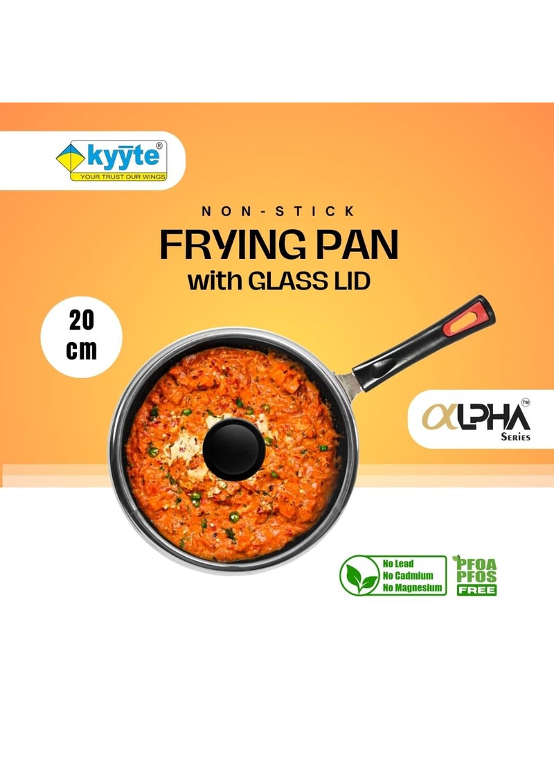 kyyte Non-Stick Alpha + Induction Base Frying Pan 20 cm Dia/1.25 Liters with Glass Lid Induction and Gas Stove Compatible(Red).