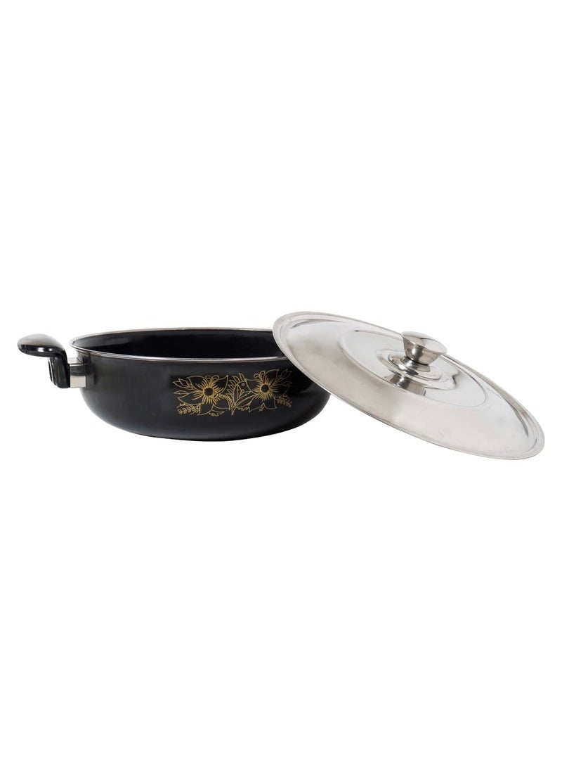 ATEVON Non-Stick Kadhai with Steel Lid, 26 cm, Black Cast Iron