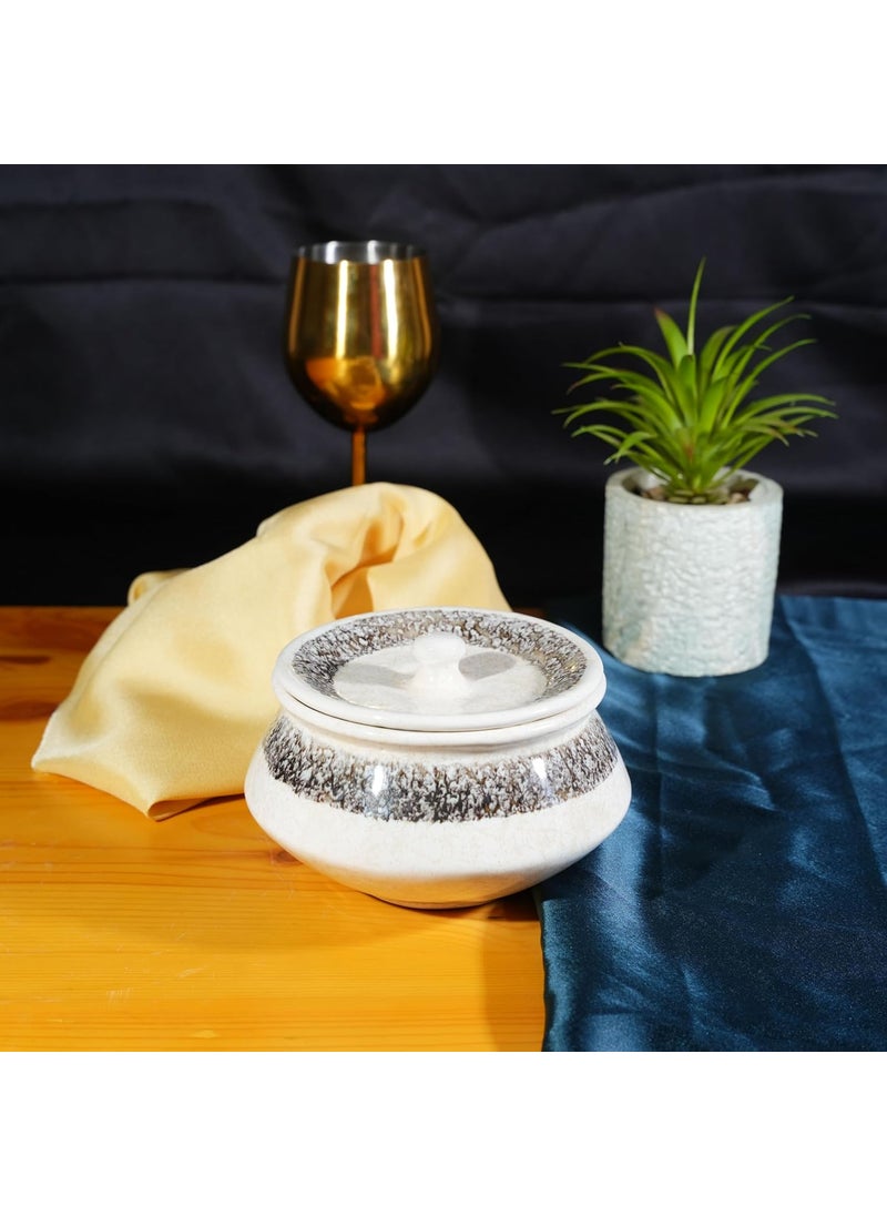 Caffeine Ceramic Handmade Cream & Black Patta Serving Handi with Lid (Set of 4)