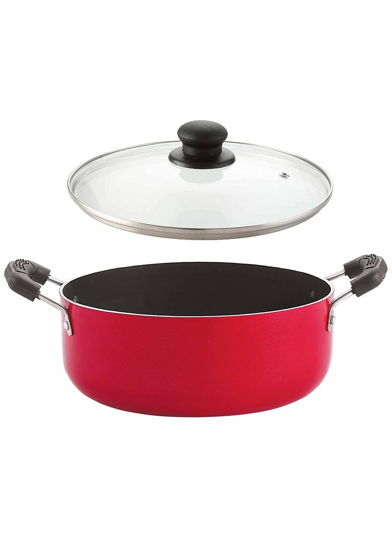Nirlon Nonstick Coated Aluminium Big Biryani Handi/Casserole 26 cm, with Glass Lid and Bakelite Handle, Red