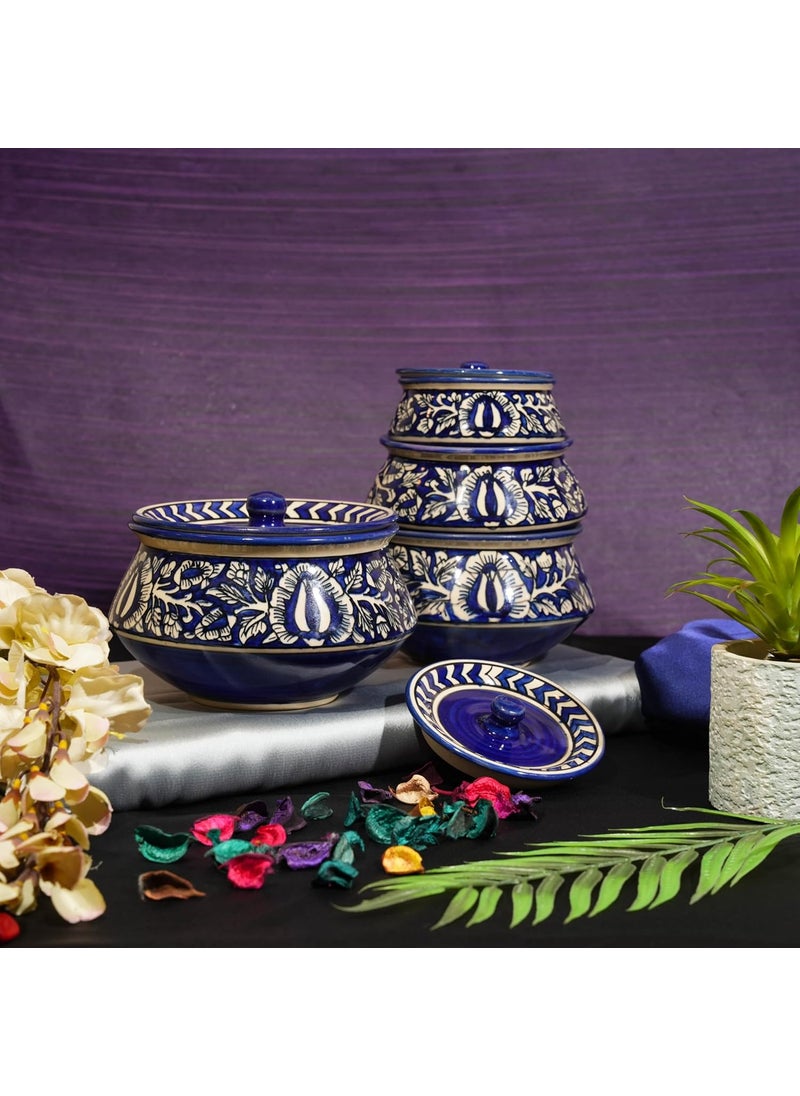 Caffeine Ceramic Handmade Blue Mughal Serving Handi with Lid (Set of 4) Microwave Safe & Dishwasher Safe