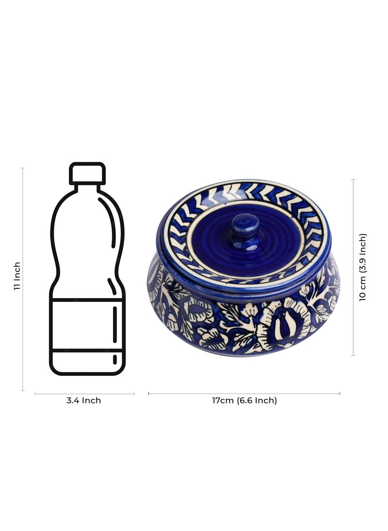 Caffeine Ceramic Handmade Blue Mughal Serving Handi with Lid (Set of 4) Microwave Safe & Dishwasher Safe