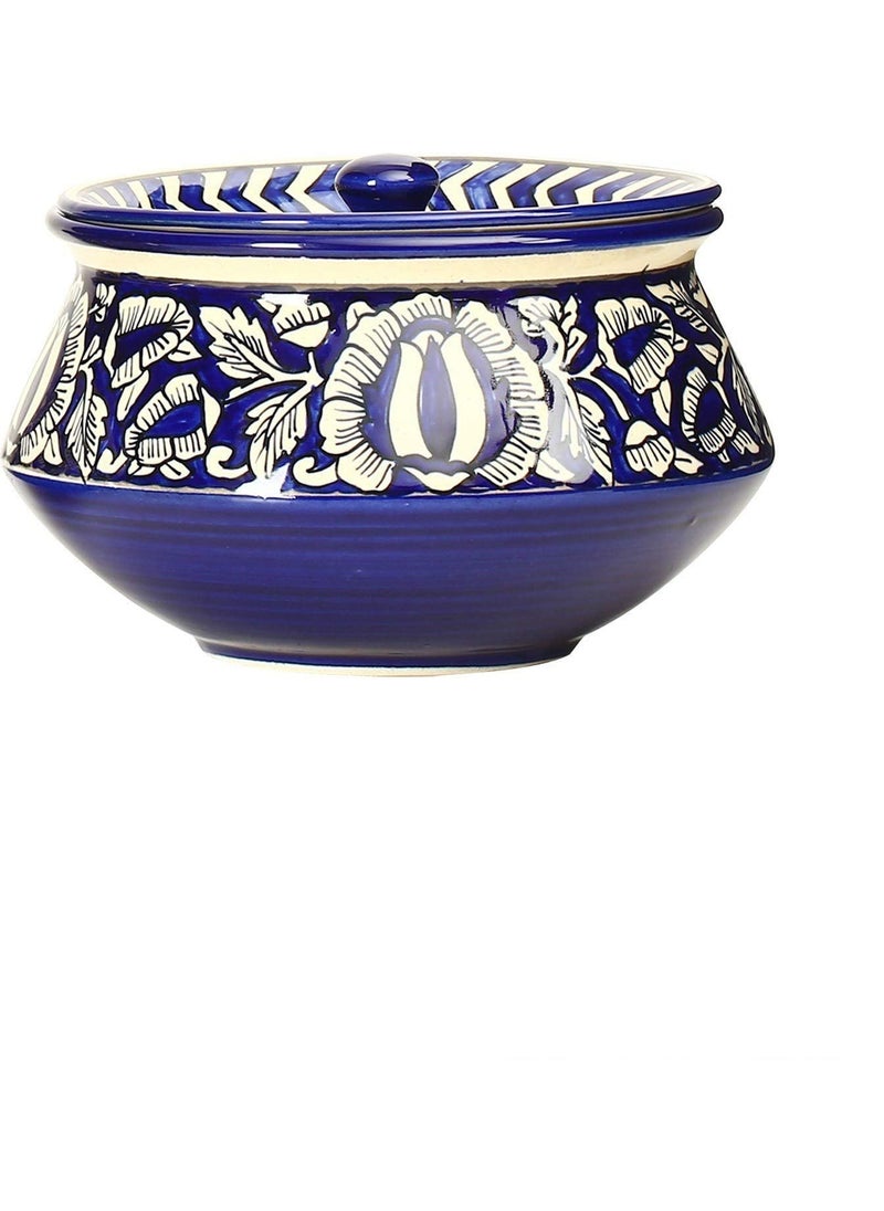 Caffeine Ceramic Handmade Blue Mughal Serving Handi with Lid (Set of 4) Microwave Safe & Dishwasher Safe