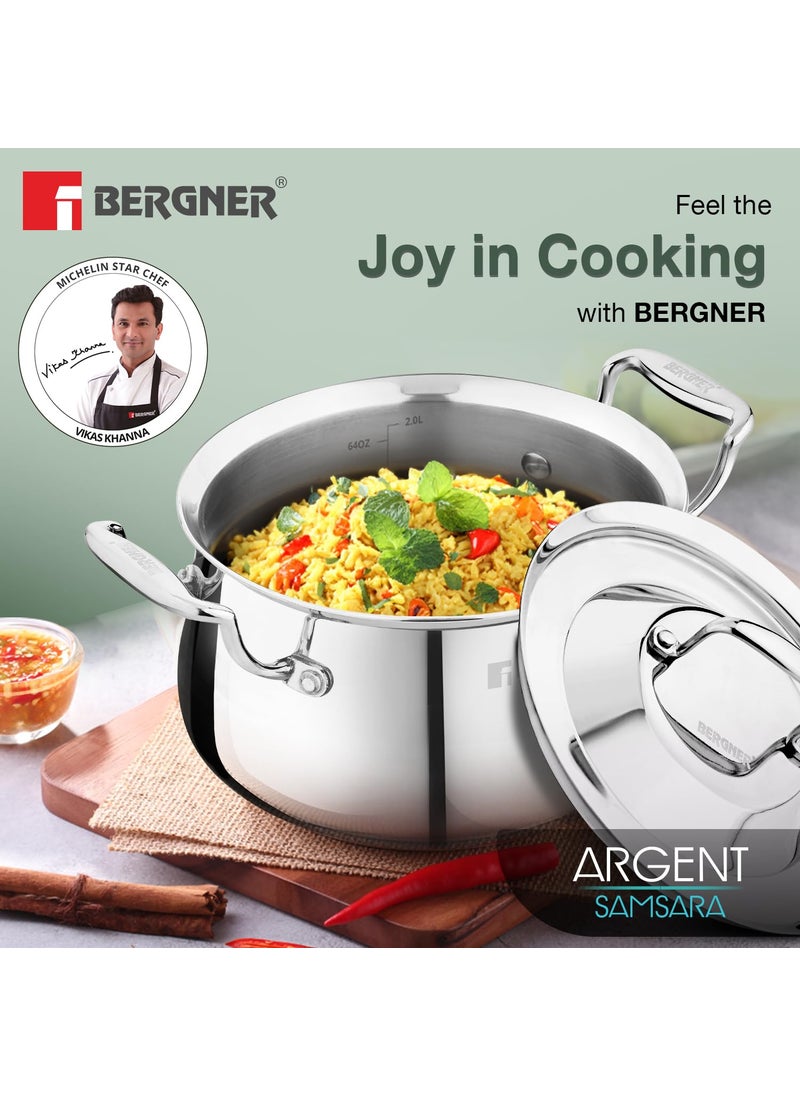 Bergner Argent Samsara Triply Stainless Steel 18cm (2.8 L) Biryani Handi, Cook and Serve Belly Shape Rice Handi, Consumes Less Oil, Healthy Cooking, Even and Faster Heating - Induction Bottom