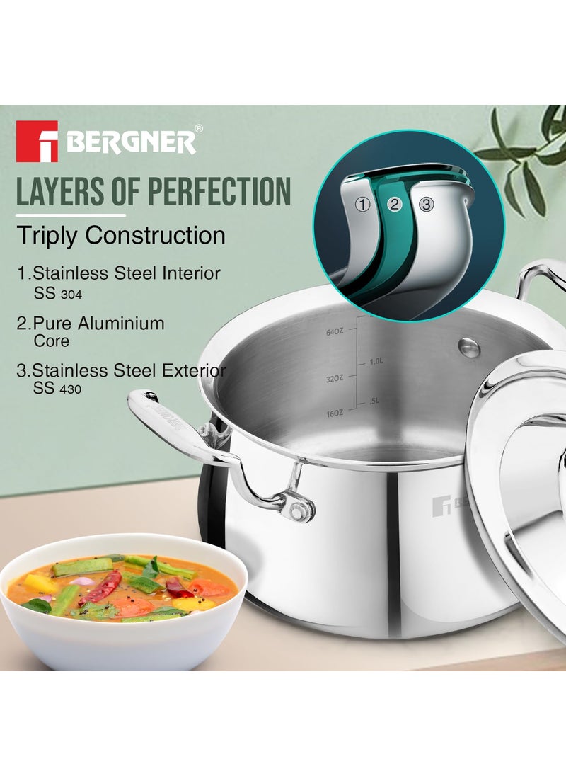 Bergner Argent Samsara Triply Stainless Steel 18cm (2.8 L) Biryani Handi, Cook and Serve Belly Shape Rice Handi, Consumes Less Oil, Healthy Cooking, Even and Faster Heating - Induction Bottom