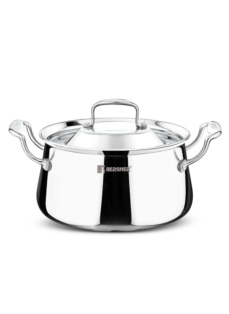 Bergner Argent Samsara Triply Stainless Steel 18cm (2.8 L) Biryani Handi, Cook and Serve Belly Shape Rice Handi, Consumes Less Oil, Healthy Cooking, Even and Faster Heating - Induction Bottom