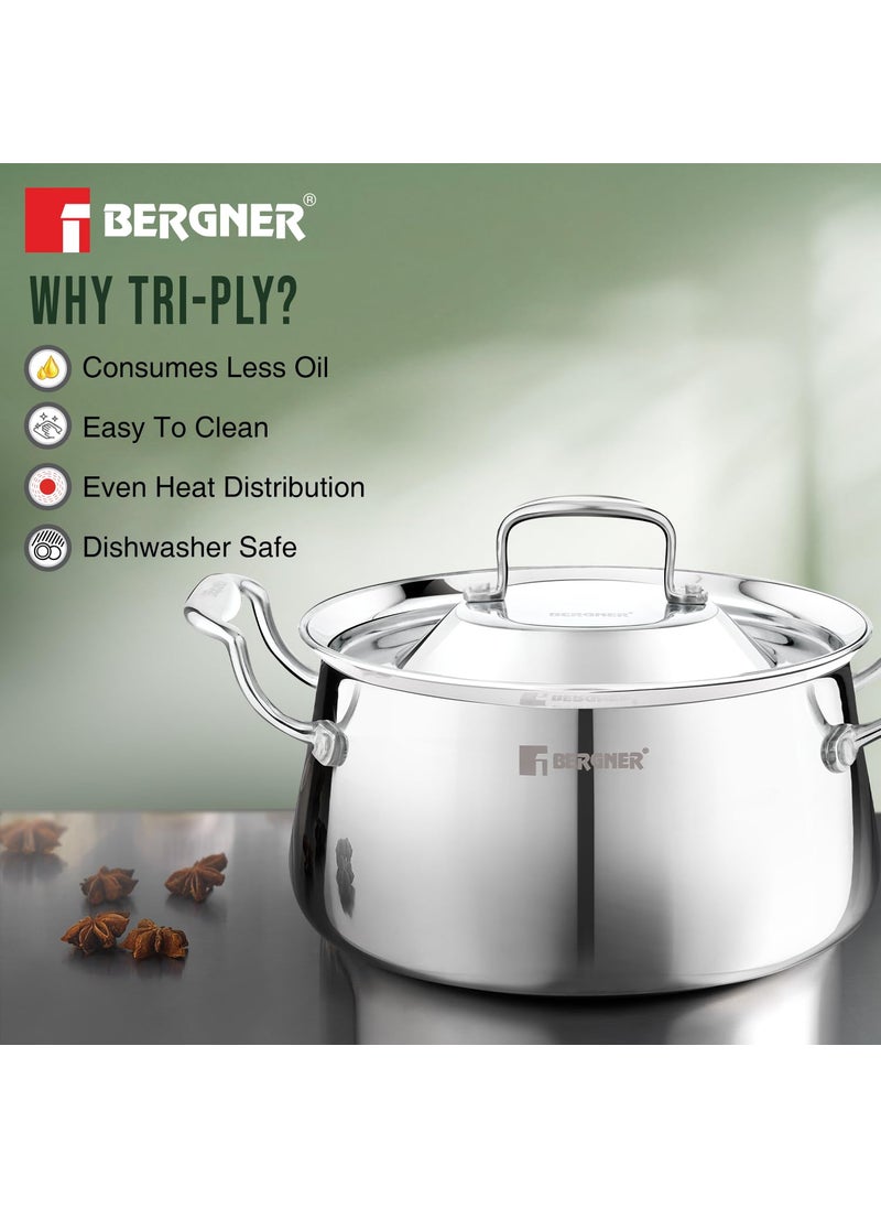 Bergner Argent Samsara Triply Stainless Steel 18cm (2.8 L) Biryani Handi, Cook and Serve Belly Shape Rice Handi, Consumes Less Oil, Healthy Cooking, Even and Faster Heating - Induction Bottom