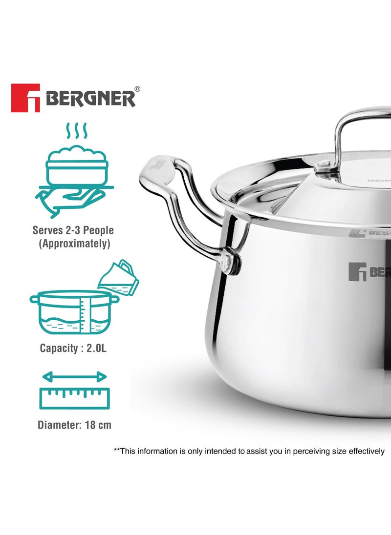 Bergner Argent Samsara Triply Stainless Steel 18cm (2.8 L) Biryani Handi, Cook and Serve Belly Shape Rice Handi, Consumes Less Oil, Healthy Cooking, Even and Faster Heating - Induction Bottom
