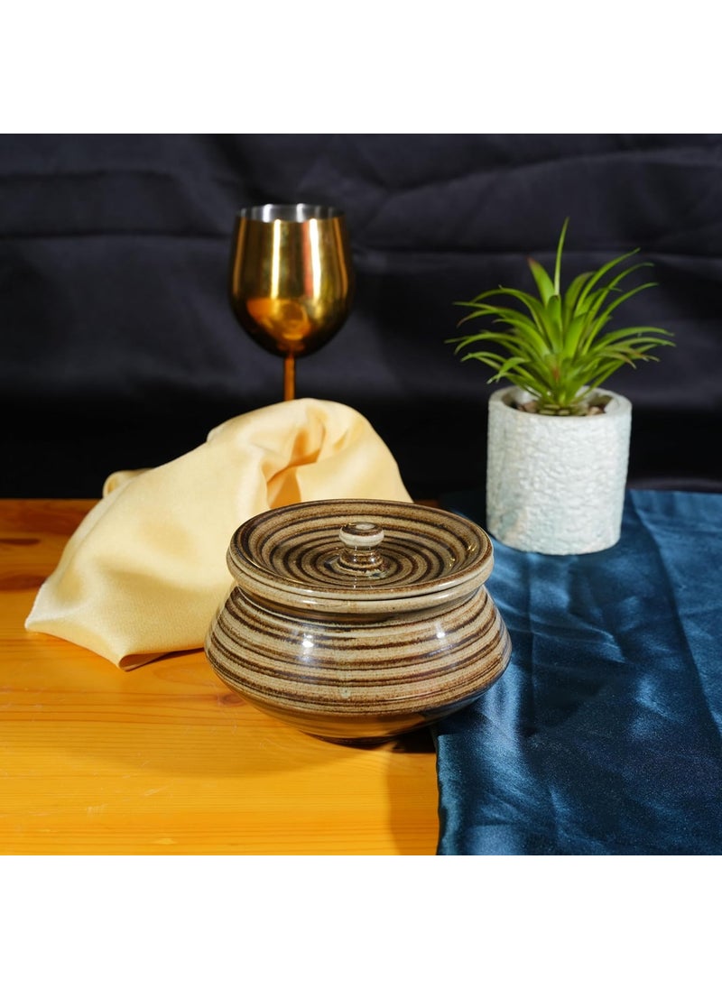 Caffeine Ceramic Handmade Wooden Brown Serving Handi with Lid (Set of 4)