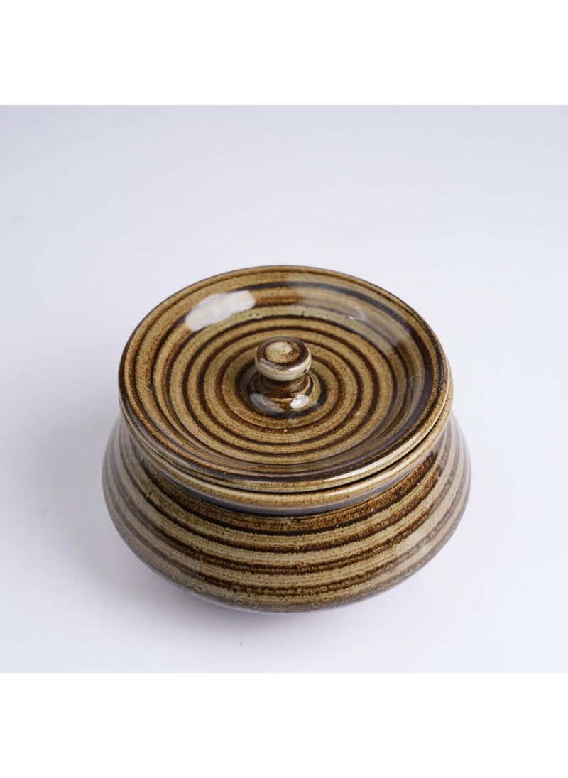 Caffeine Ceramic Handmade Wooden Brown Serving Handi with Lid (Set of 4)
