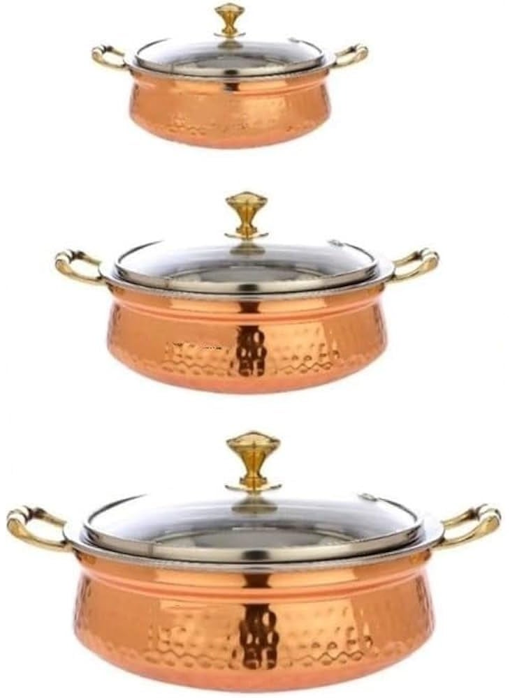 Heritage Mart Combo Hammered Steel Copper Casserole Handi Bowl with Glass Lid, Tableware and Serveware Serving Dishes Copper, Handi(300 ml +500 ml + 800 ml) Pack of 3