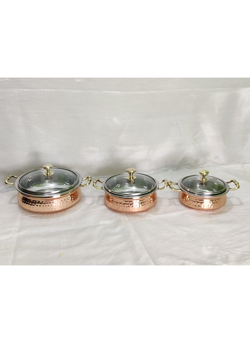 Heritage Mart Combo Hammered Steel Copper Casserole Handi Bowl with Glass Lid, Tableware and Serveware Serving Dishes Copper, Handi(300 ml +500 ml + 800 ml) Pack of 3