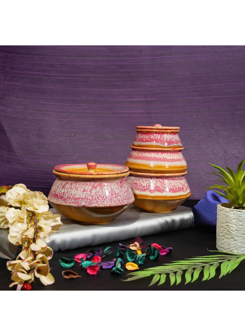 Caffeine Ceramic Handmade Pink & Mustard Studio Serving Handi with Lid (Set of 4)