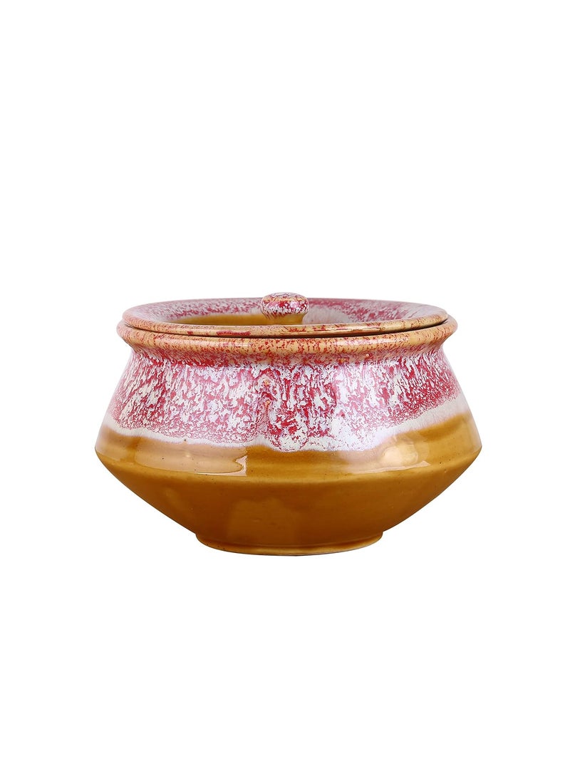 Caffeine Ceramic Handmade Pink & Mustard Studio Serving Handi with Lid (Set of 4)