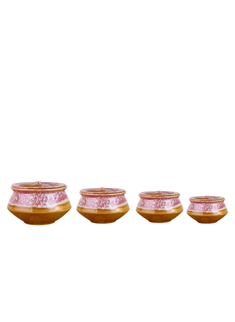Caffeine Ceramic Handmade Pink & Mustard Studio Serving Handi with Lid (Set of 4)