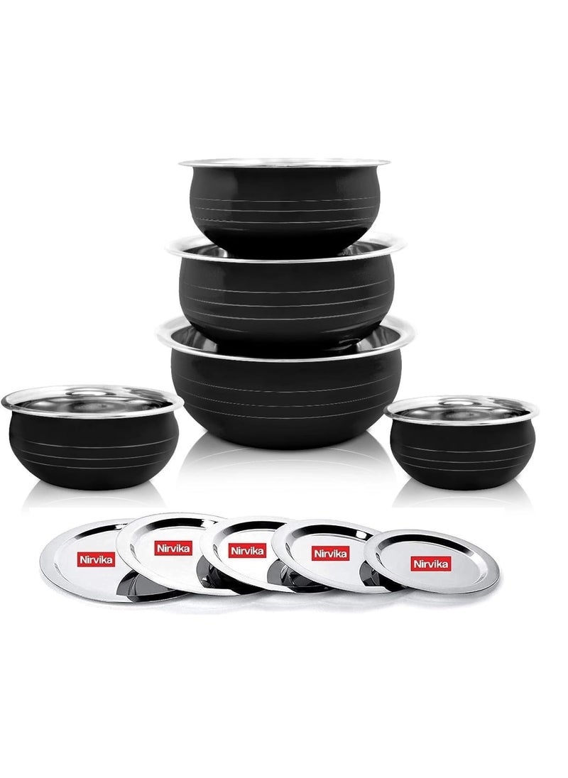 Stainless Steel Powder Coating Handi, Cooking Serving Bowl, Cookware Set of 5 Pieces with lid Size: 0.300 L, 0.500 L, 0.750 L, 1.100 L, 1.500 L (Black,Stainless Steel, Non-Stick)