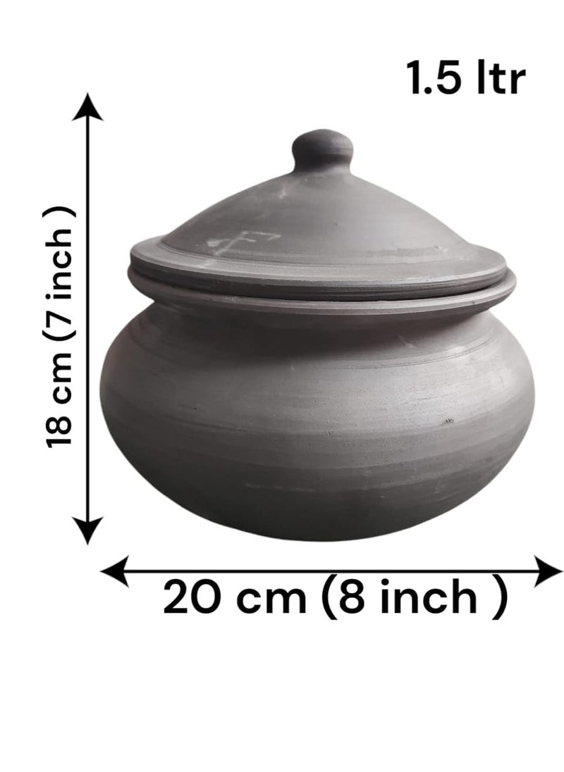 Handmade Clay Curd Pot 1.5L | Black Mitti Handi with Lid | Organic Earthen Cookware for Traditional Cooking & Fermentation | Large Size (8x7 Inch)