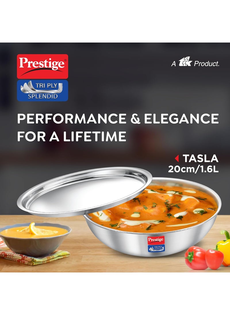 Prestige 20cm/1.6L Tri-Ply Stainless Steel Splendid Tasla with Lid|Gas and Induction Compatible|Even Heat Distribution| Thick Gauge Tri-Ply Body|15 Year Warranty