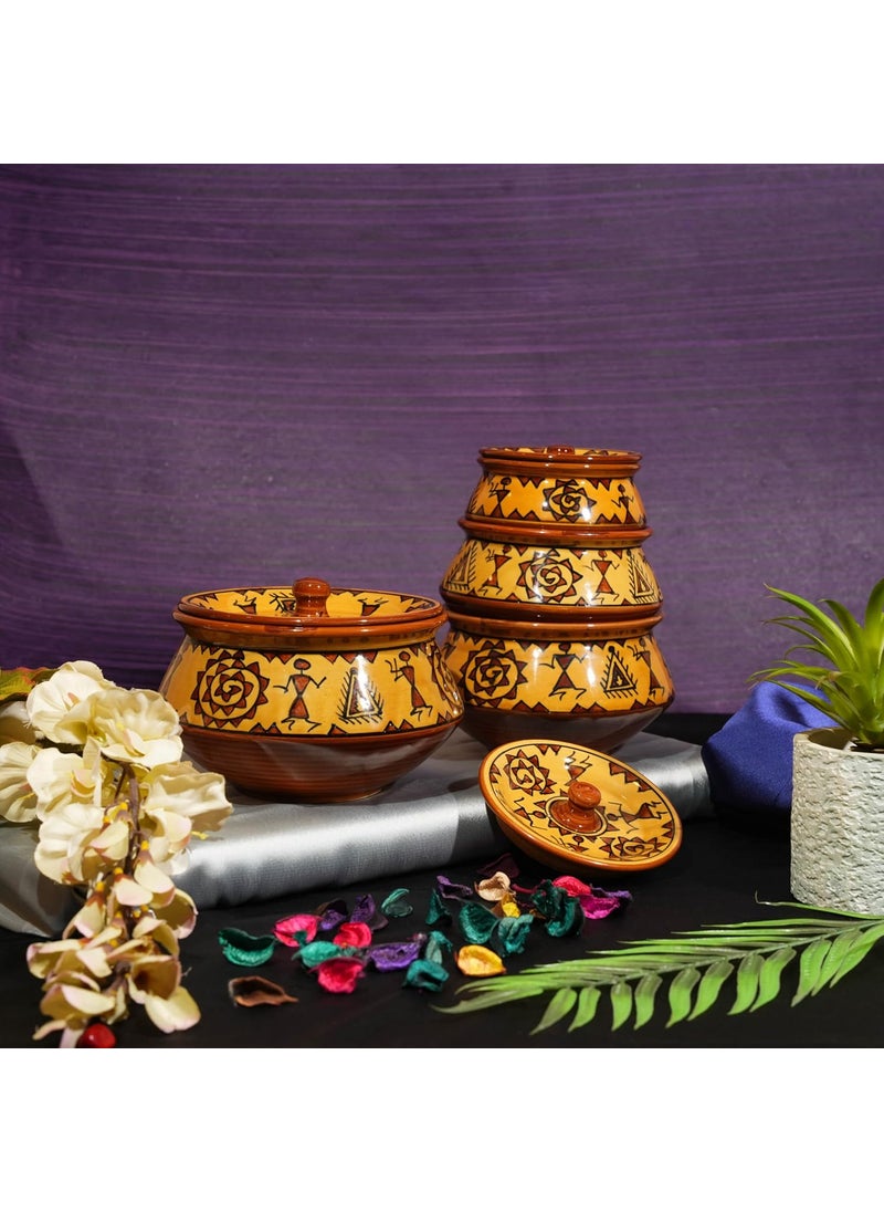 Caffeine Mustard Romani Hand Painted Ceramic Biryani Handi Biryani Pot Ceramic Handi with Lids Set & Dahi Handi (Set of 4, Dishwasher & Microwave Safe)