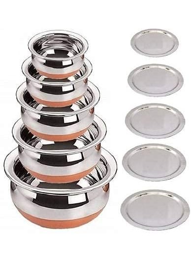 Super HK Stainless Steel Copper Bottom Handi/patila/Pot Biryani Punjabi Handi Set with Lid 5 Pieces Set (Capacity:- 0.5 L, 0.8 L, 1.2 L, 1.5 L, 1.8 L)