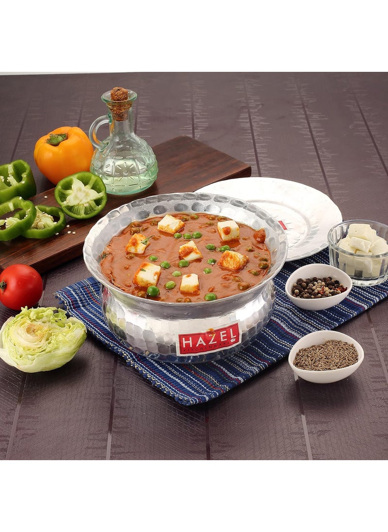 HAZEL Aluminium Hammered Finish Handi with Lid Biryani Rice Cooking Pot GOL Patiya Tope Patila Vessel, 21 cm, 2400 ML Silver