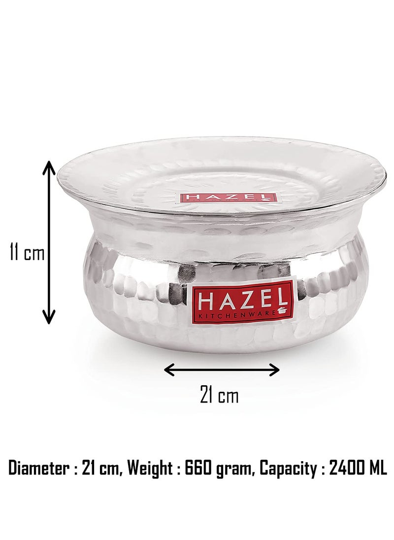 HAZEL Aluminium Hammered Finish Handi with Lid Biryani Rice Cooking Pot GOL Patiya Tope Patila Vessel, 21 cm, 2400 ML Silver