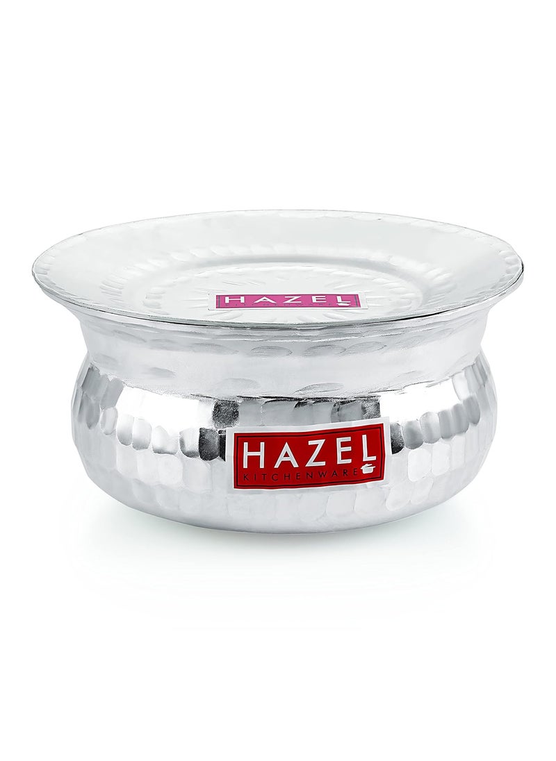 HAZEL Aluminium Hammered Finish Handi with Lid Biryani Rice Cooking Pot GOL Patiya Tope Patila Vessel, 21 cm, 2400 ML Silver