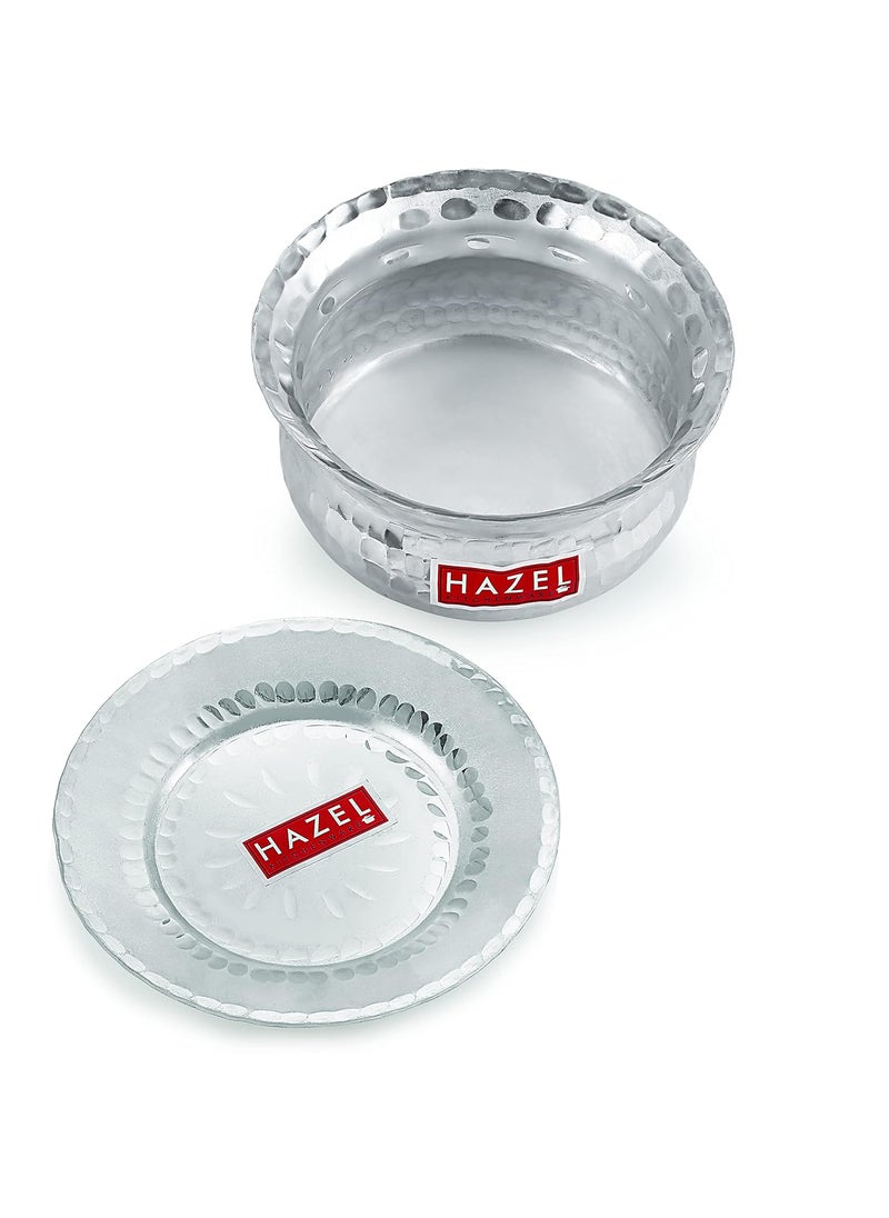 HAZEL Aluminium Hammered Finish Handi with Lid Biryani Rice Cooking Pot GOL Patiya Tope Patila Vessel, 21 cm, 2400 ML Silver