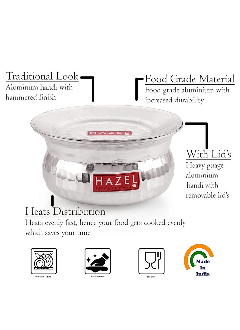 HAZEL Aluminium Hammered Finish Handi with Lid Biryani Rice Cooking Pot GOL Patiya Tope Patila Vessel, 21 cm, 2400 ML Silver
